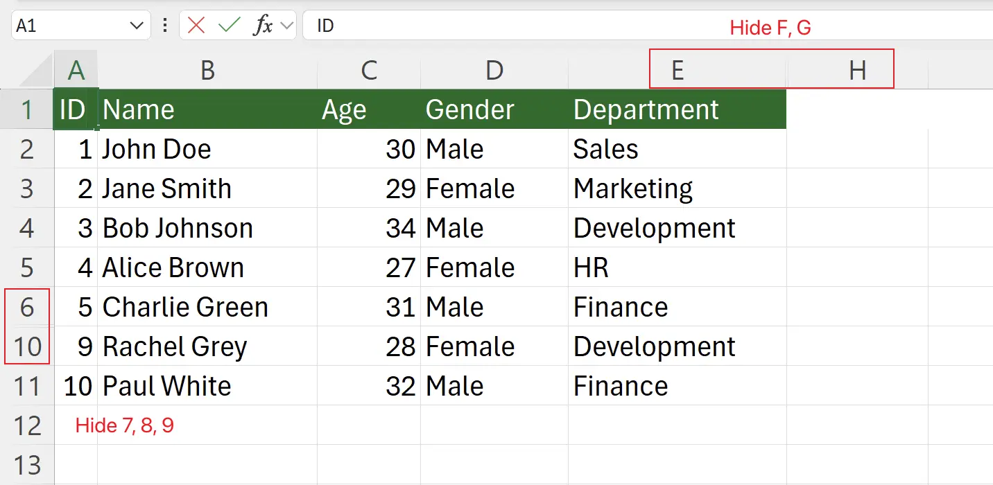 Hiding and Unhiding Rows and Columns