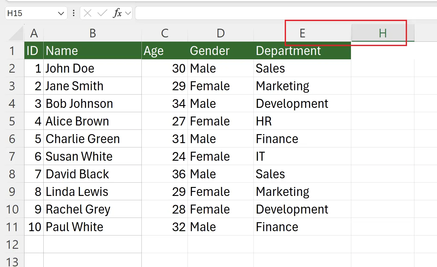 Viewing the Effect of Hidden Columns