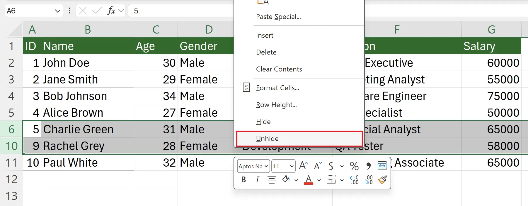 Unhiding Hidden Rows