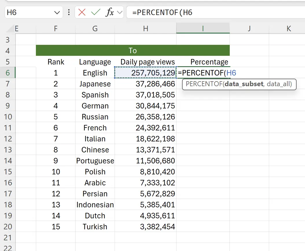 Sélectionnez la cellule pour calculer le pourcentage