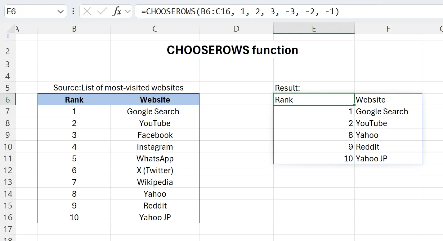 Excel CHOOSEROWS 简介