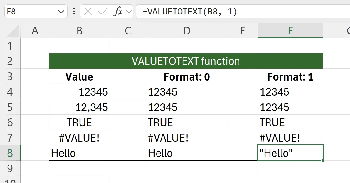 Excel VALUETOTEXT