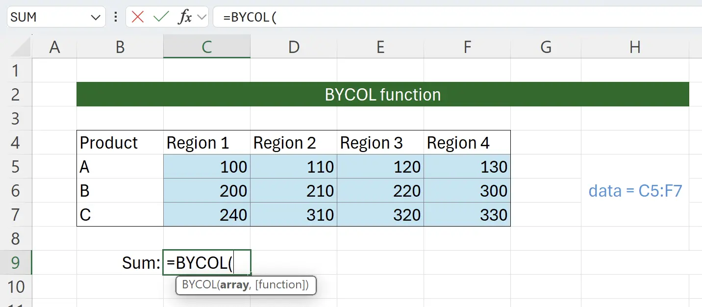 Commencer avec la fonction BYCOL